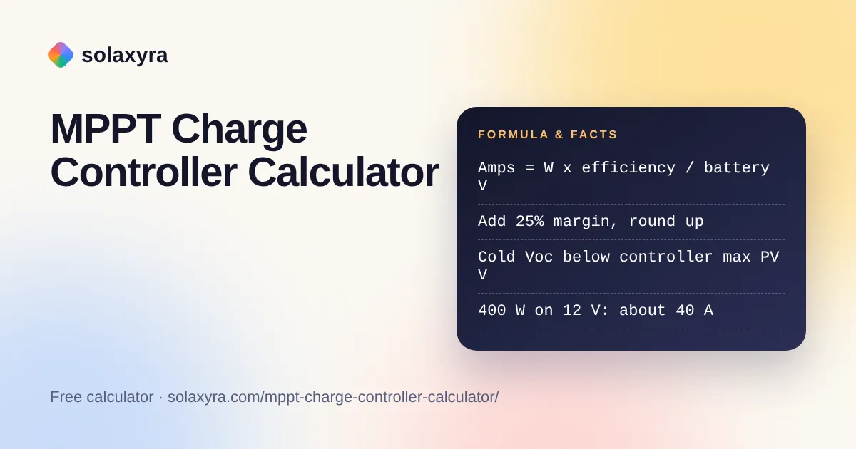 MPPT charge controller calculator formula for charge current and cold Voc check