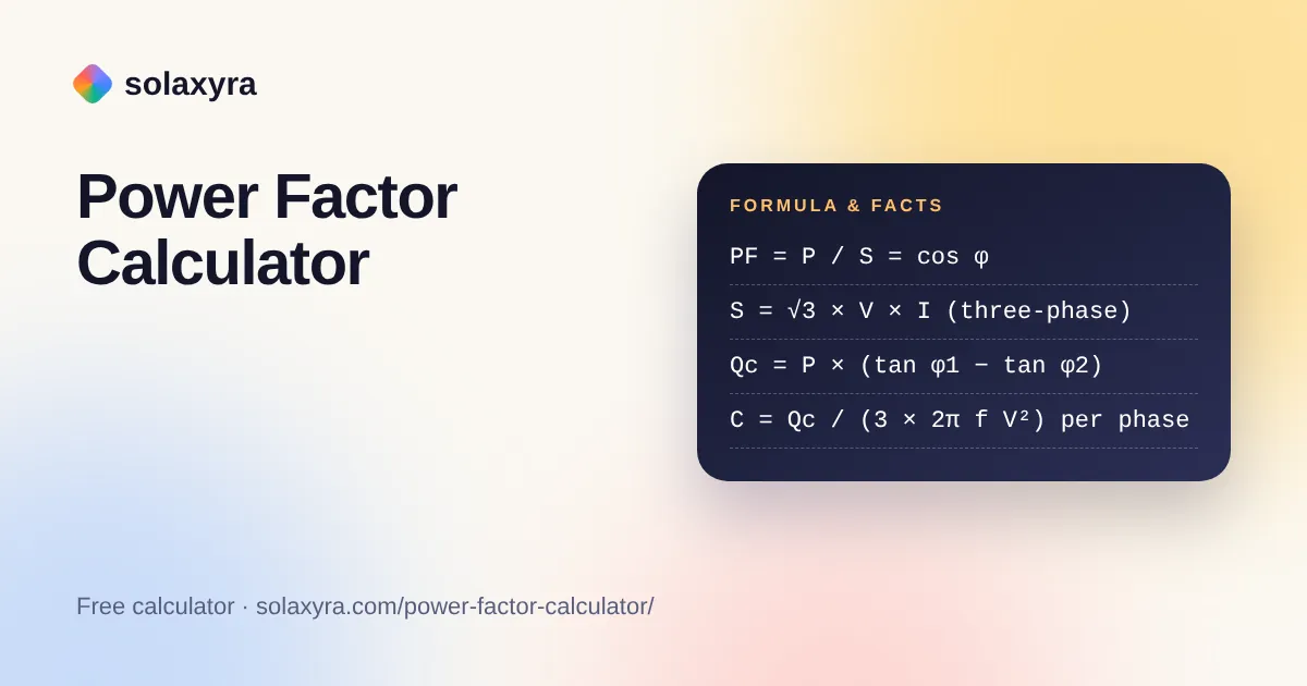 Power factor calculator diagram showing the power triangle of kW, kVA and kVAr with the capacitor correction formula