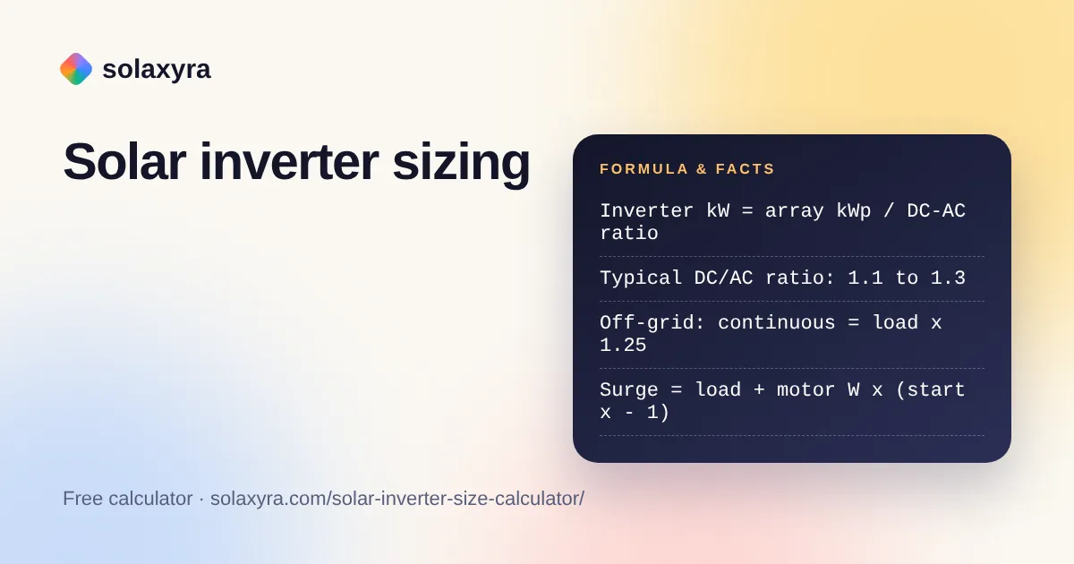Solar inverter size calculator formulas for DC/AC ratio and off-grid surge sizing