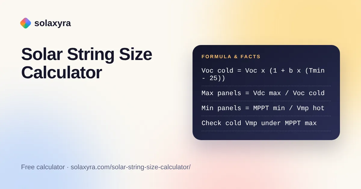 Solar string size calculator formulas for maximum and minimum panels per string