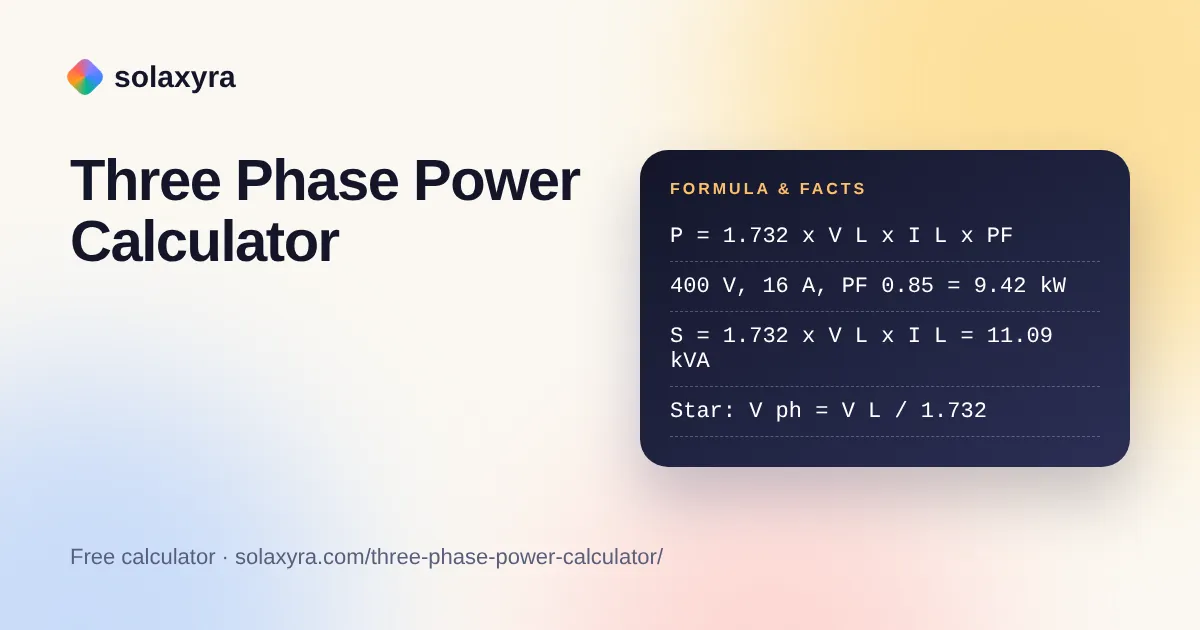 Three phase power calculator formula with 400 V, 16 A and 0.85 power factor example